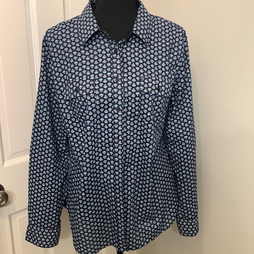 Talbots LP cotton long sleeve button up blouse blue green and purple print